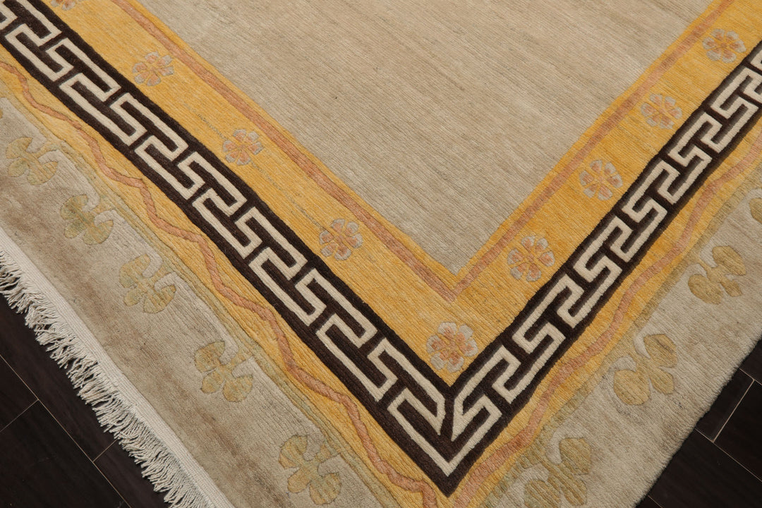 8x11 Oatmeal, Gold, Rose Color Hand Knotted Tibetan Wool Traditional Oriental Rug