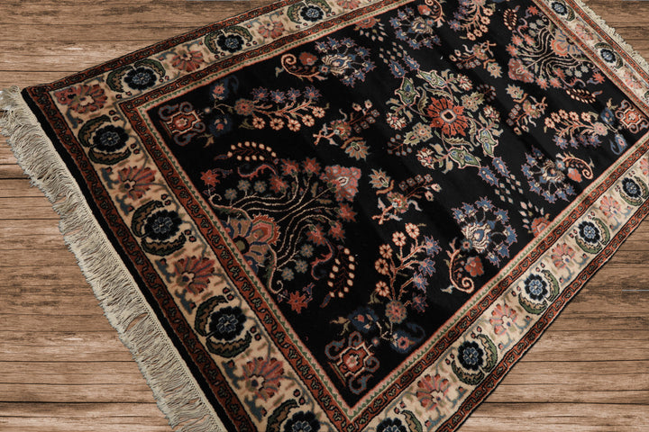 4x6 Black, Ivory, Sage Color Hand Knotted Indo Sarouk New Zealand Wool Traditional Oriental Rug