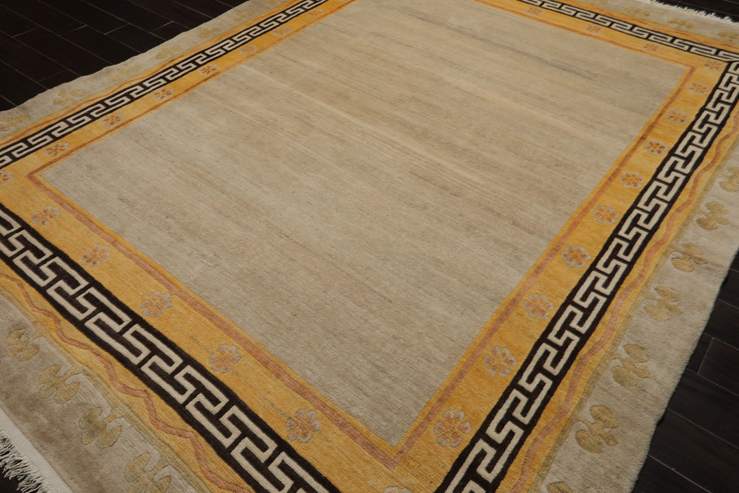 8x11 Oatmeal, Gold, Rose Color Hand Knotted Tibetan Wool Traditional Oriental Rug