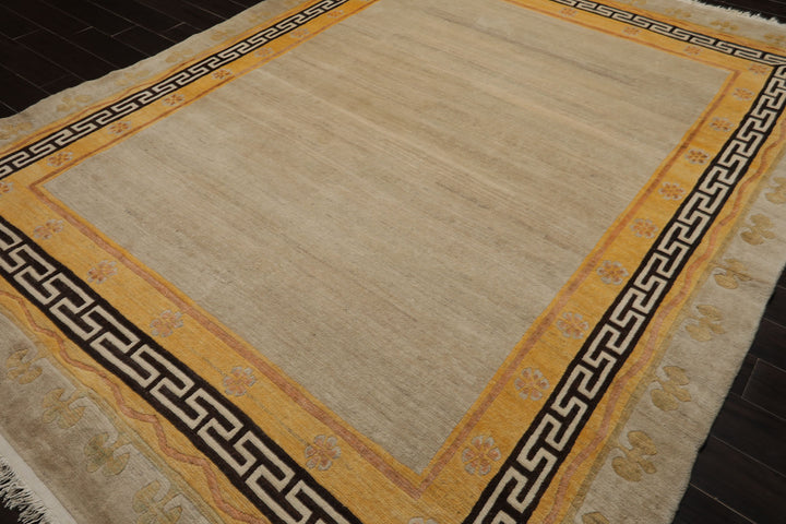 8x11 Oatmeal, Gold, Rose Color Hand Knotted Tibetan Wool Traditional Oriental Rug