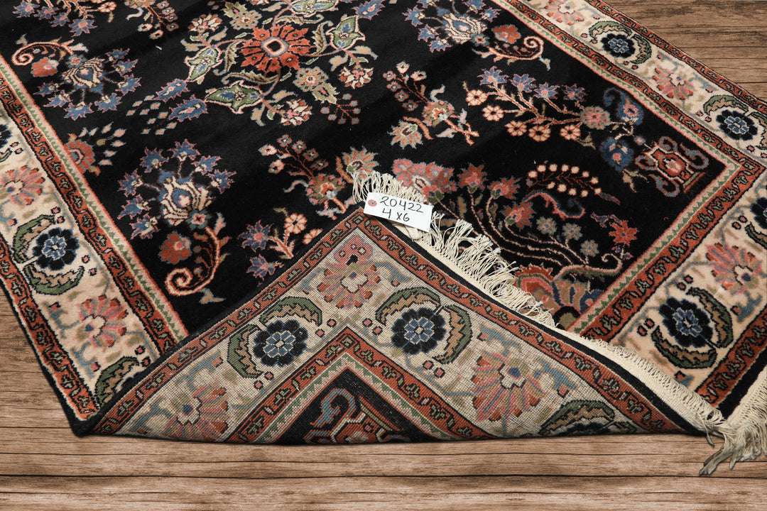 4x6 Black, Ivory, Sage Color Hand Knotted Indo Sarouk New Zealand Wool Traditional Oriental Rug