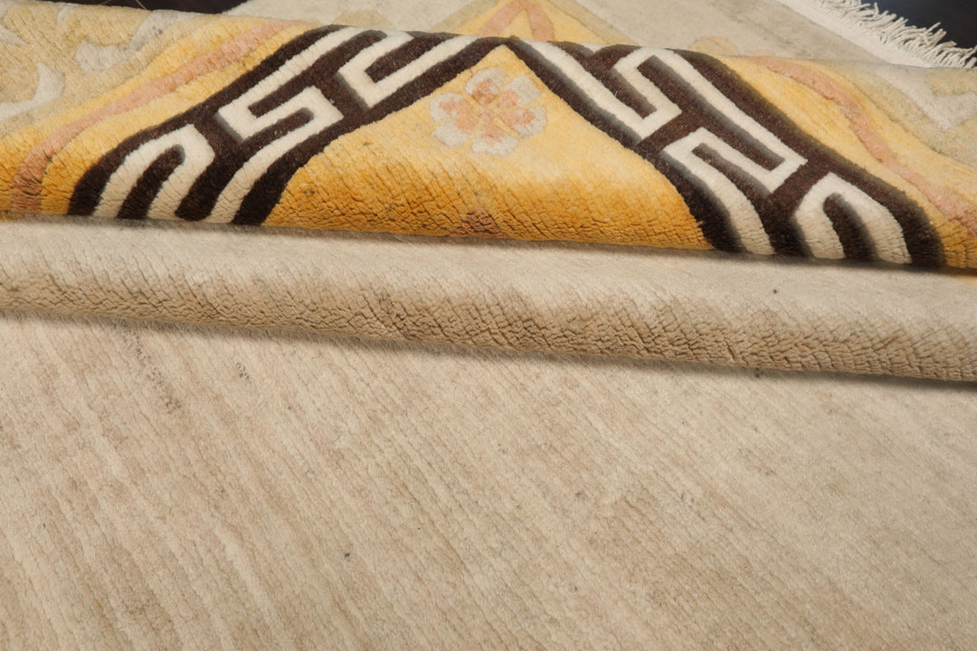 8x11 Oatmeal, Gold, Rose Color Hand Knotted Tibetan Wool Traditional Oriental Rug