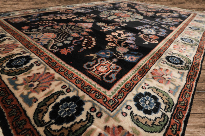 4x6 Black, Ivory, Sage Color Hand Knotted Indo Sarouk New Zealand Wool Traditional Oriental Rug