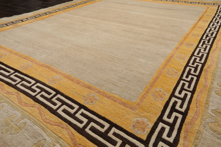8x11 Oatmeal, Gold, Rose Color Hand Knotted Tibetan Wool Traditional Oriental Rug