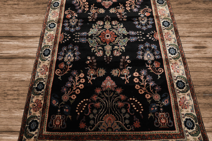 4x6 Black, Ivory, Sage Color Hand Knotted Indo Sarouk New Zealand Wool Traditional Oriental Rug