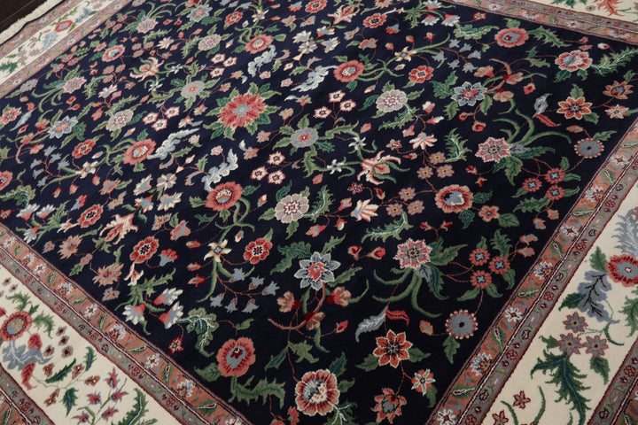 8x10 Navy, Ivory, Green Color Hand Knotted Qum New Zealand Wool Traditional Oriental Rug