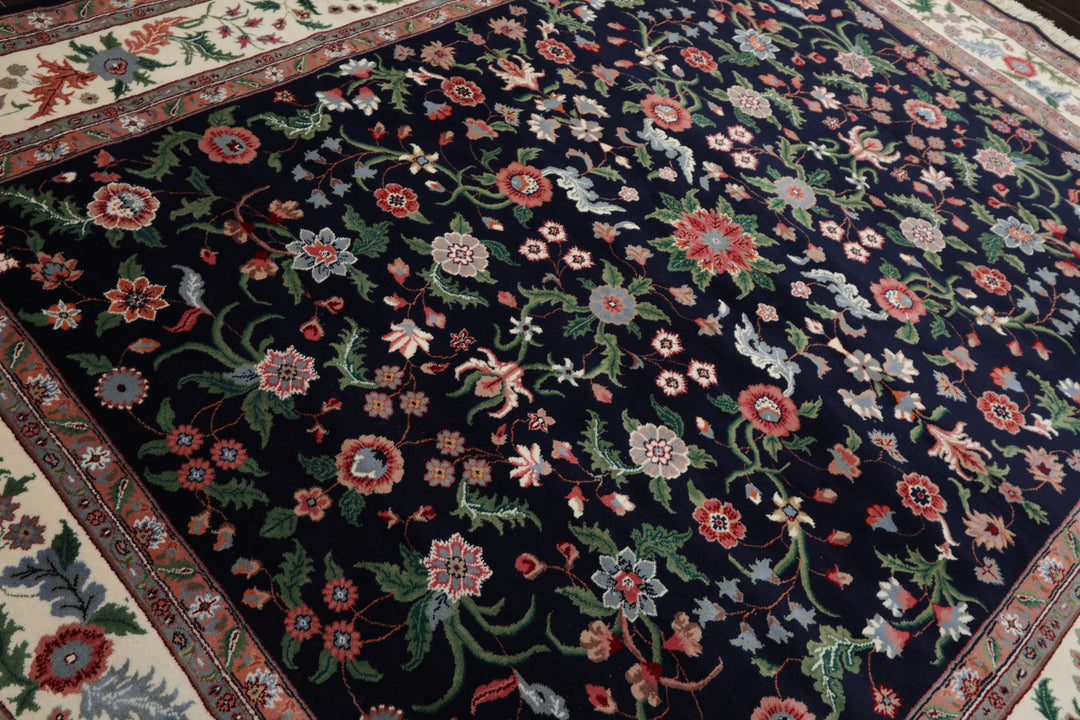 8x10 Navy, Ivory, Green Color Hand Knotted Qum New Zealand Wool Traditional Oriental Rug