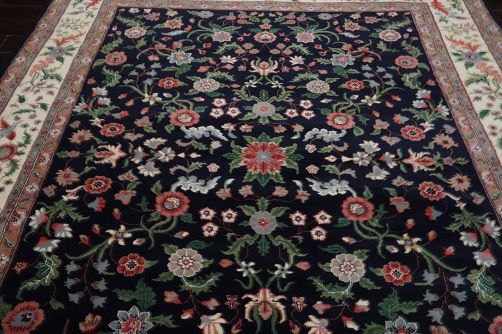 8x10 Navy, Ivory, Green Color Hand Knotted Qum New Zealand Wool Traditional Oriental Rug