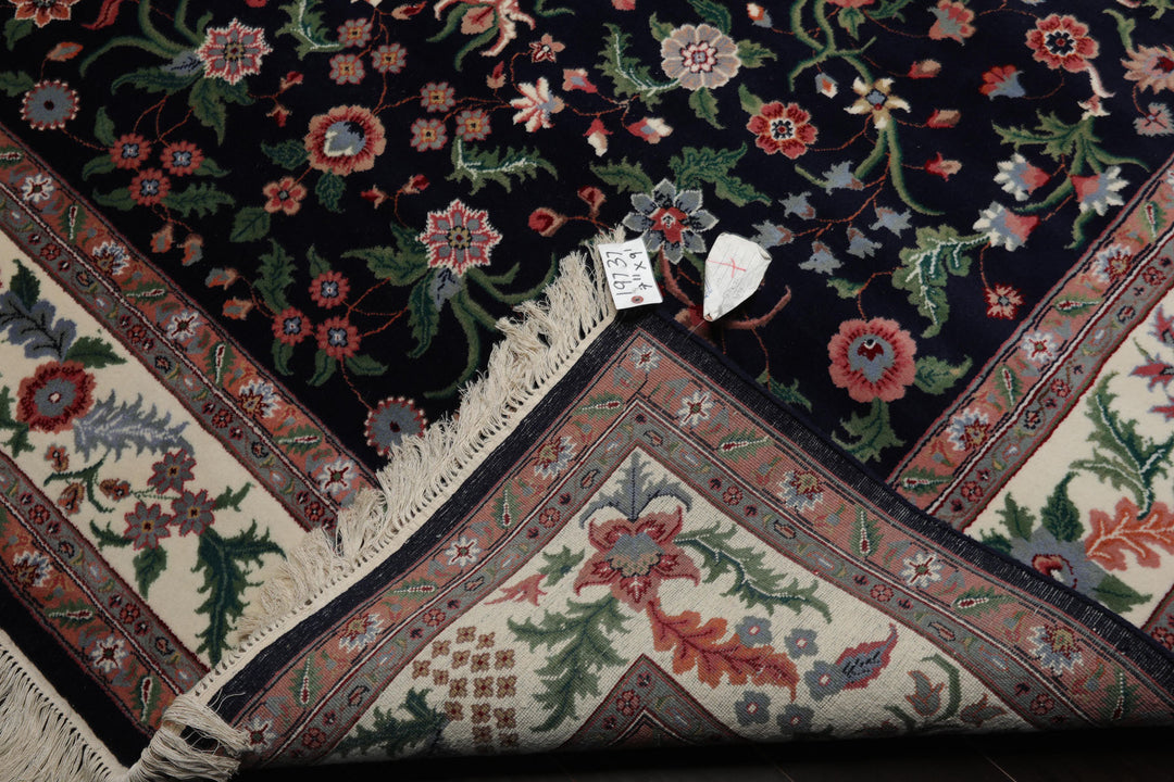 8x10 Navy, Ivory, Green Color Hand Knotted Qum New Zealand Wool Traditional Oriental Rug