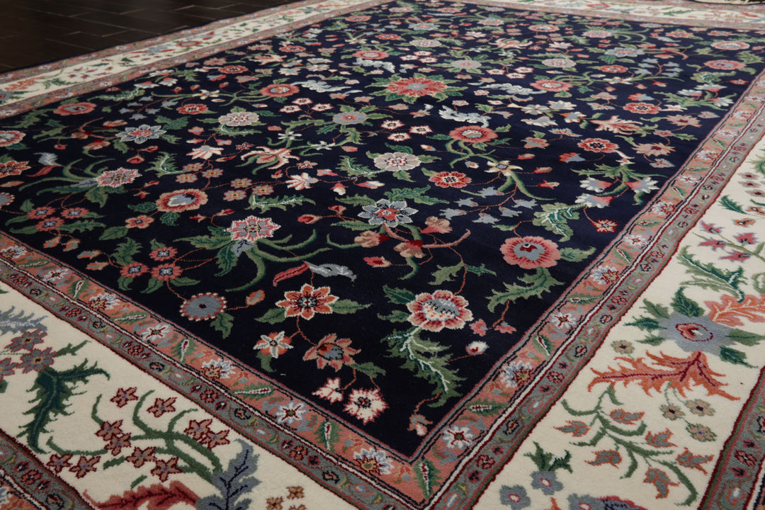 8x10 Navy, Ivory, Green Color Hand Knotted Qum New Zealand Wool Traditional Oriental Rug