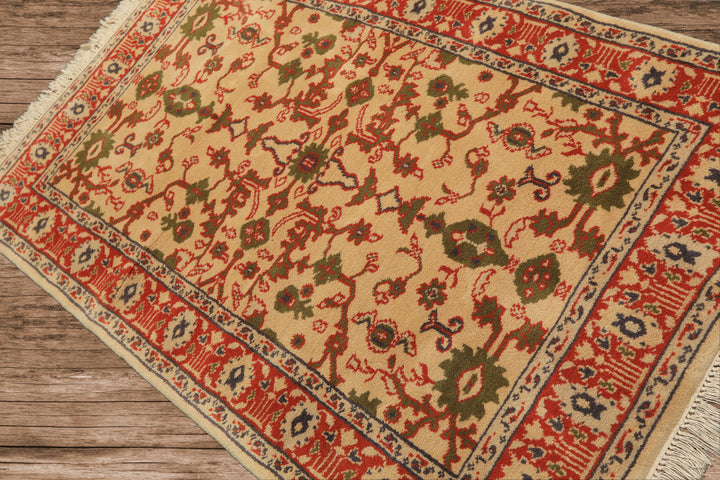 4x6 Ivory, Teracotta, Green Color Hand Knotted Indo Kashan Wool Traditional Oriental Rug