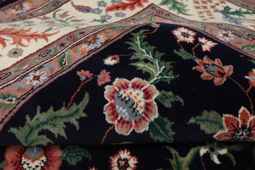 8x10 Navy, Ivory, Green Color Hand Knotted Qum New Zealand Wool Traditional Oriental Rug