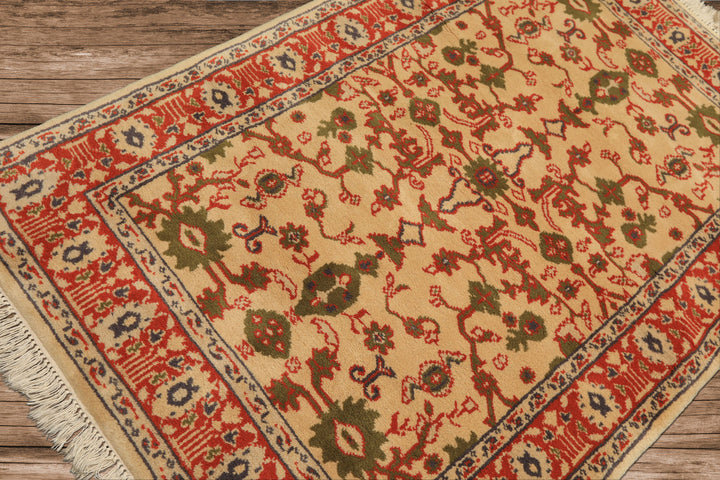 4x6 Ivory, Teracotta, Green Color Hand Knotted Indo Kashan Wool Traditional Oriental Rug