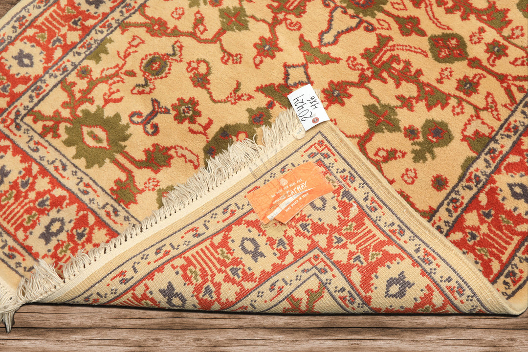 4x6 Ivory, Teracotta, Green Color Hand Knotted Indo Kashan Wool Traditional Oriental Rug