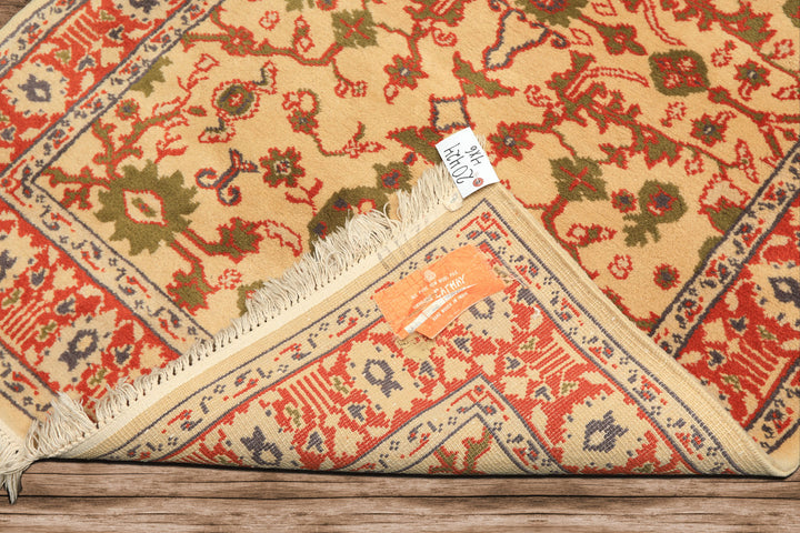 4x6 Ivory, Teracotta, Green Color Hand Knotted Indo Kashan Wool Traditional Oriental Rug