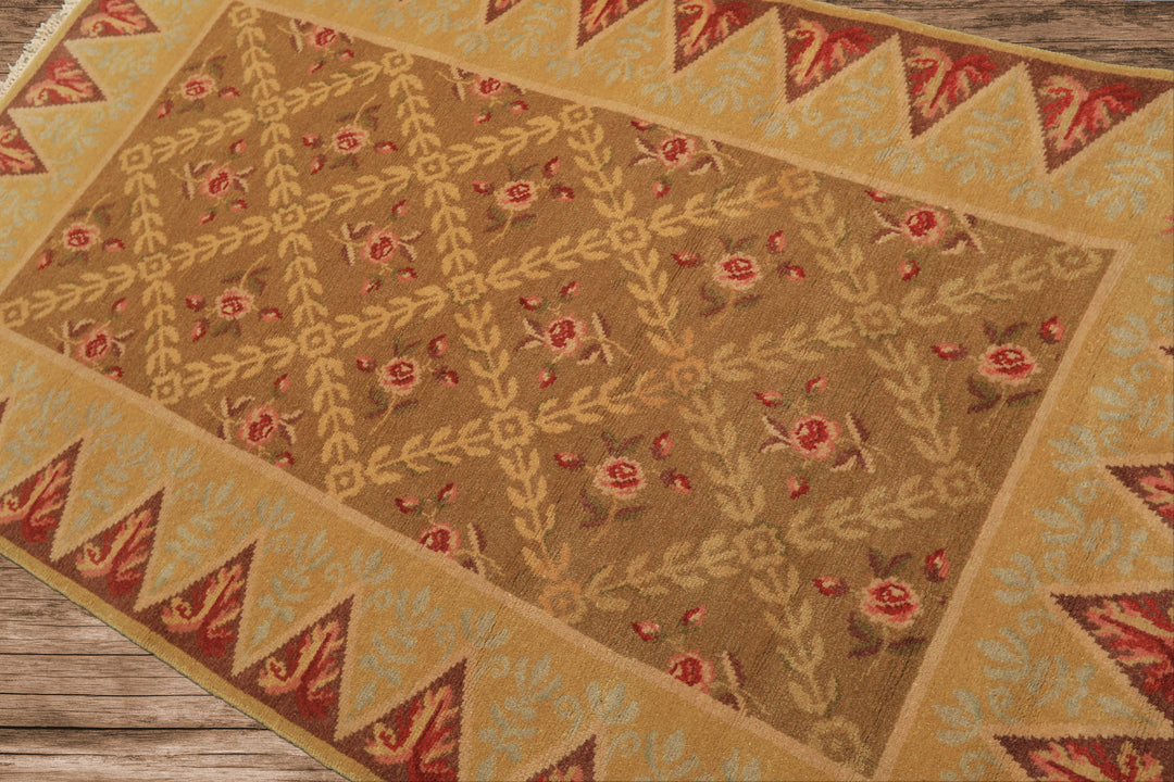 4x6 Brown, Gold, Green Color Hand Knotted Caucasian Wool Traditional Oriental Rug