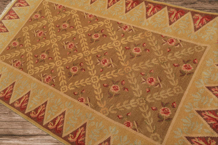 4x6 Brown, Gold, Green Color Hand Knotted Caucasian Wool Traditional Oriental Rug