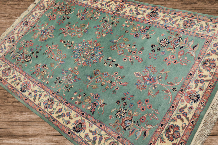 4x6 Turquoise, Ivory, Rose Color Hand Knotted Indo Kashan Wool Traditional Oriental Rug