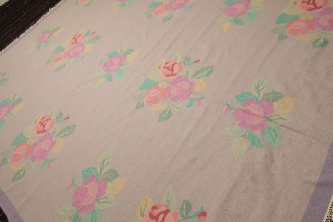 9x12 Rose, Lavender, Pink Color Hand Woven Kilim Wool Traditional Oriental Rug