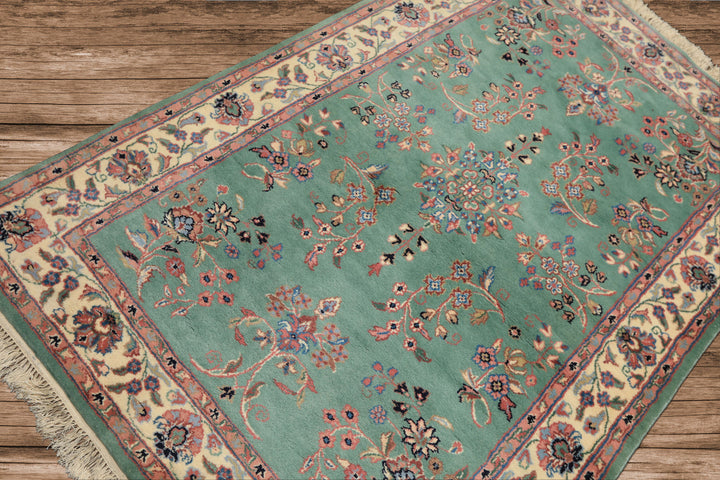 4x6 Turquoise, Ivory, Rose Color Hand Knotted Indo Kashan Wool Traditional Oriental Rug