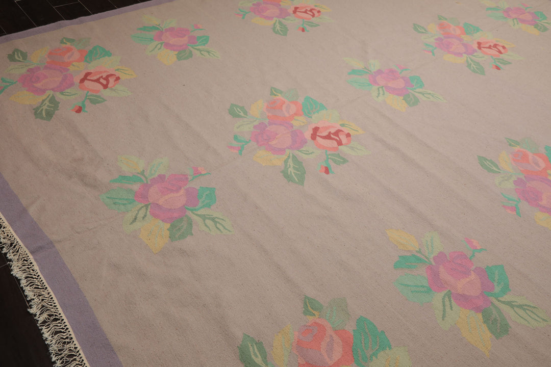9x12 Rose, Lavender, Pink Color Hand Woven Kilim Wool Traditional Oriental Rug