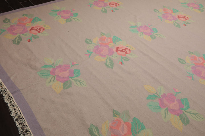 9x12 Rose, Lavender, Pink Color Hand Woven Kilim Wool Traditional Oriental Rug
