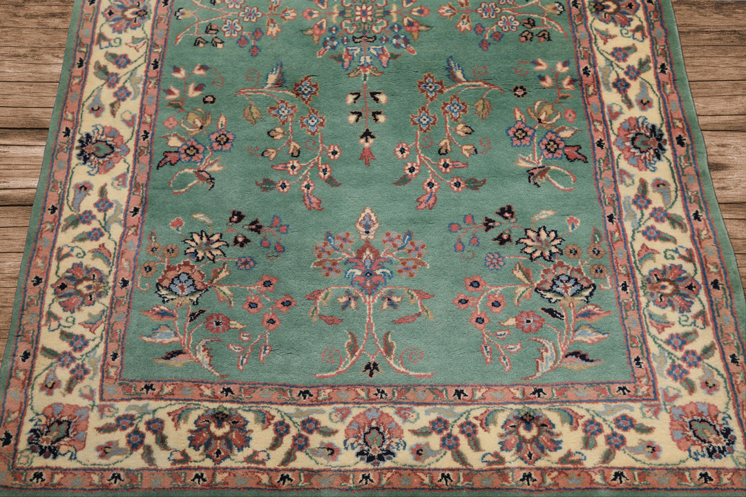 4x6 Turquoise, Ivory, Rose Color Hand Knotted Indo Kashan Wool Traditional Oriental Rug