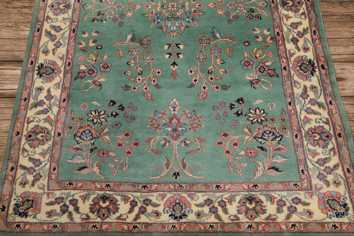 4x6 Turquoise, Ivory, Rose Color Hand Knotted Indo Kashan Wool Traditional Oriental Rug