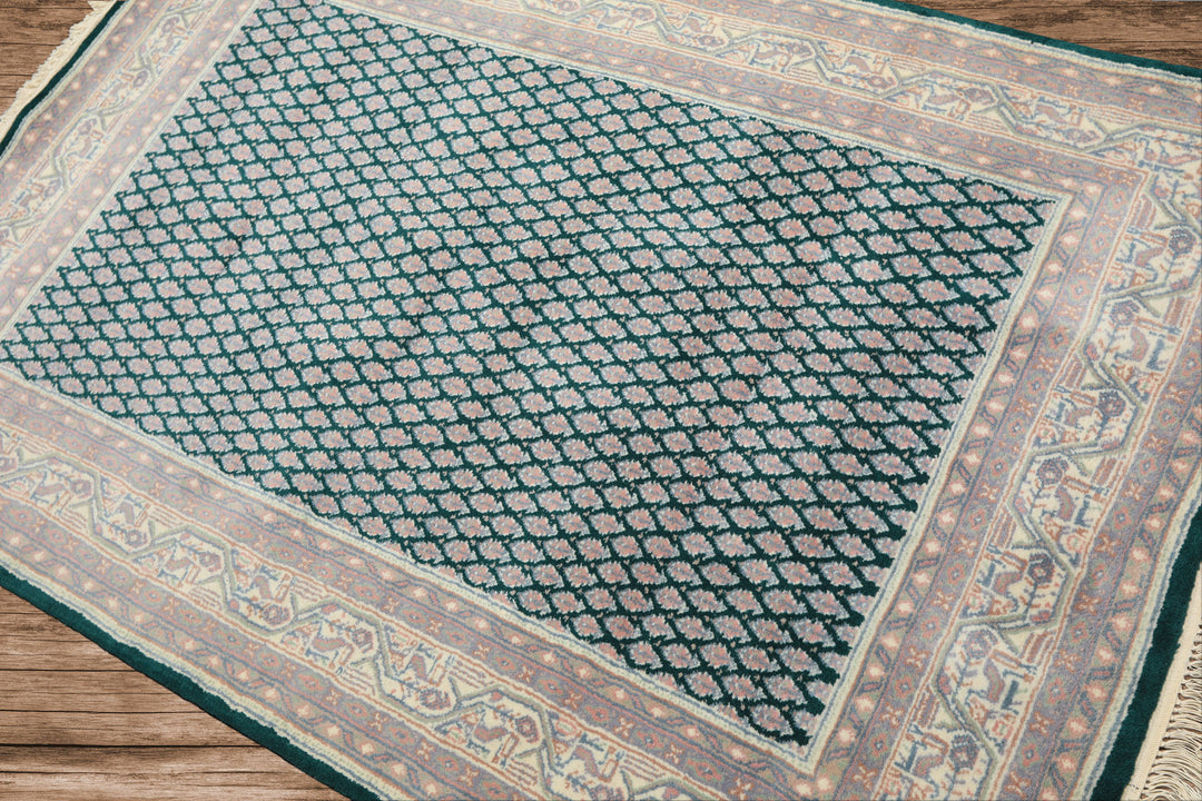 4x6 Emerald, Rose, Ivory Color Hand Knotted Boteh Wool Traditional Oriental Rug