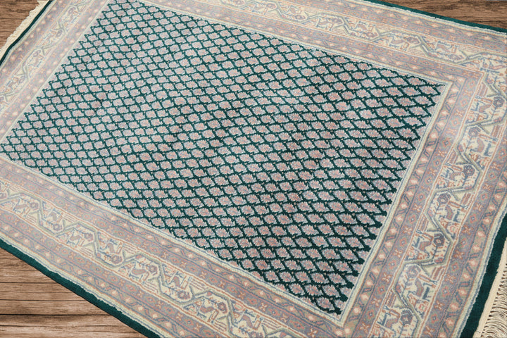 4x6 Emerald, Rose, Ivory Color Hand Knotted Boteh Wool Traditional Oriental Rug