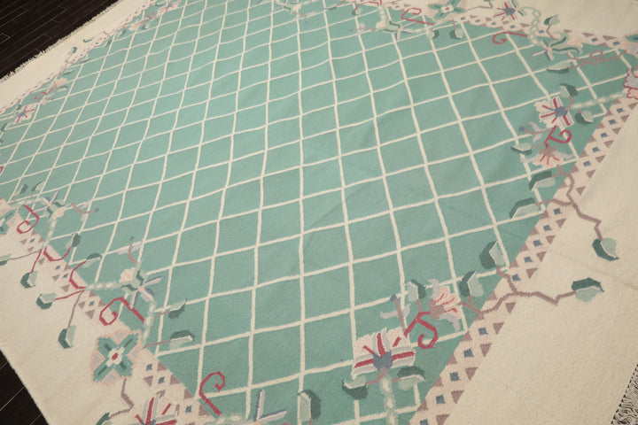 9x12 Aqua, Ivory, Rust Color Hand Woven Kilim Wool Traditional Oriental Rug