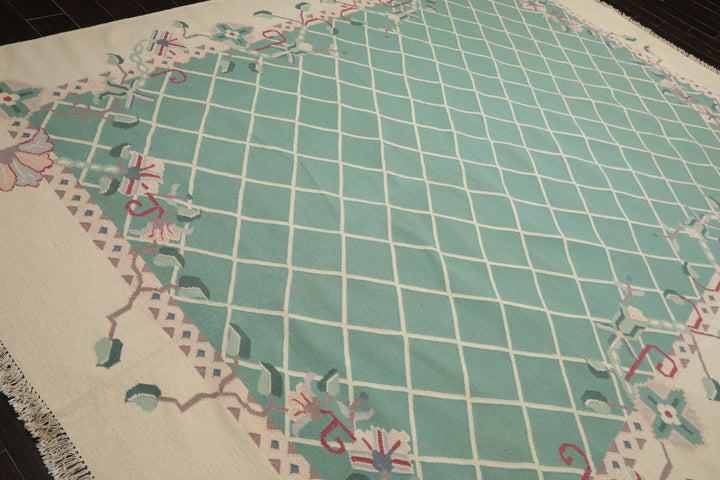 9x12 Aqua, Ivory, Rust Color Hand Woven Kilim Wool Traditional Oriental Rug