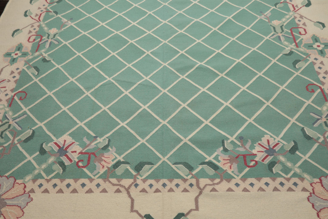 9x12 Aqua, Ivory, Rust Color Hand Woven Kilim Wool Traditional Oriental Rug