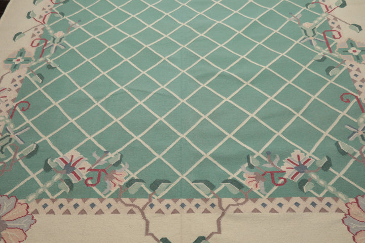 9x12 Aqua, Ivory, Rust Color Hand Woven Kilim Wool Traditional Oriental Rug