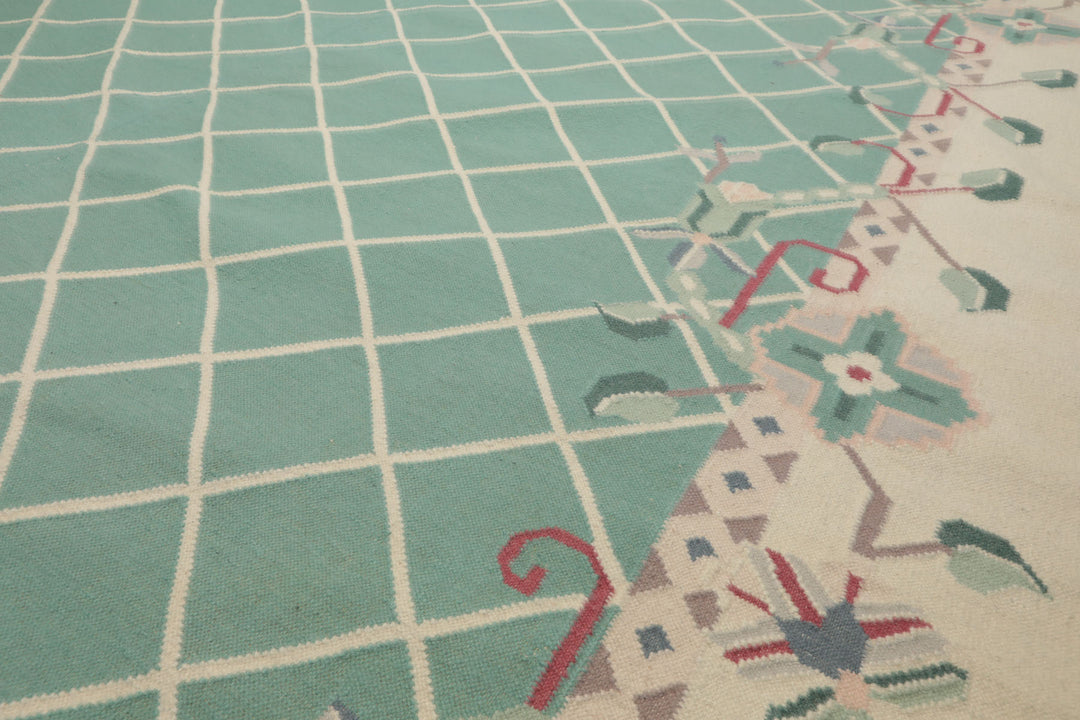 9x12 Aqua, Ivory, Rust Color Hand Woven Kilim Wool Traditional Oriental Rug