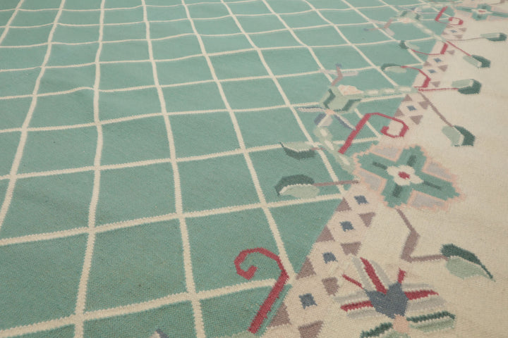 9x12 Aqua, Ivory, Rust Color Hand Woven Kilim Wool Traditional Oriental Rug