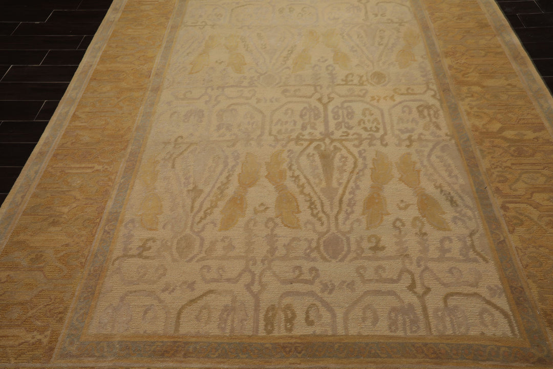 8x10 Beige, Gold, Taupe Color Hand Woven Aubusson Savonnerie Wool Traditional Oriental Rug