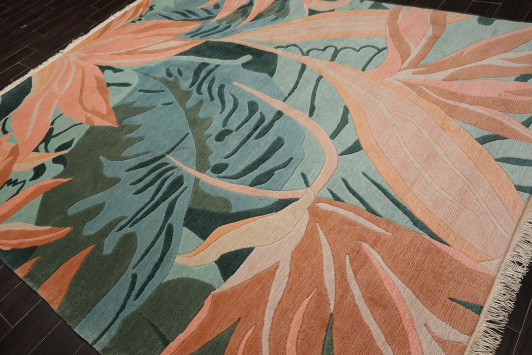 8x10 Turquoise, Aqua, Cream Color Hand Knotted Tibetan Wool Contemporary Oriental Rug