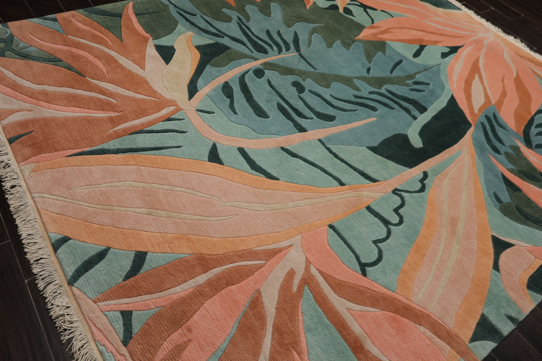 8x10 Turquoise, Aqua, Cream Color Hand Knotted Tibetan Wool Contemporary Oriental Rug