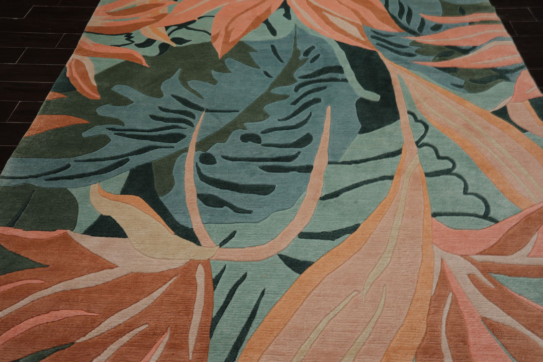 8x10 Turquoise, Aqua, Cream Color Hand Knotted Tibetan Wool Contemporary Oriental Rug