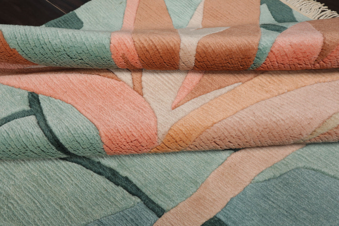 8x10 Turquoise, Aqua, Cream Color Hand Knotted Tibetan Wool Contemporary Oriental Rug