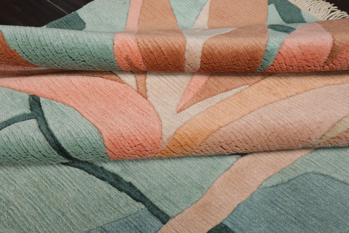 8x10 Turquoise, Aqua, Cream Color Hand Knotted Tibetan Wool Contemporary Oriental Rug