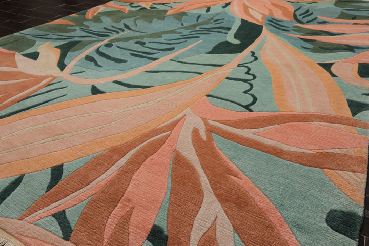 8x10 Turquoise, Aqua, Cream Color Hand Knotted Tibetan Wool Contemporary Oriental Rug