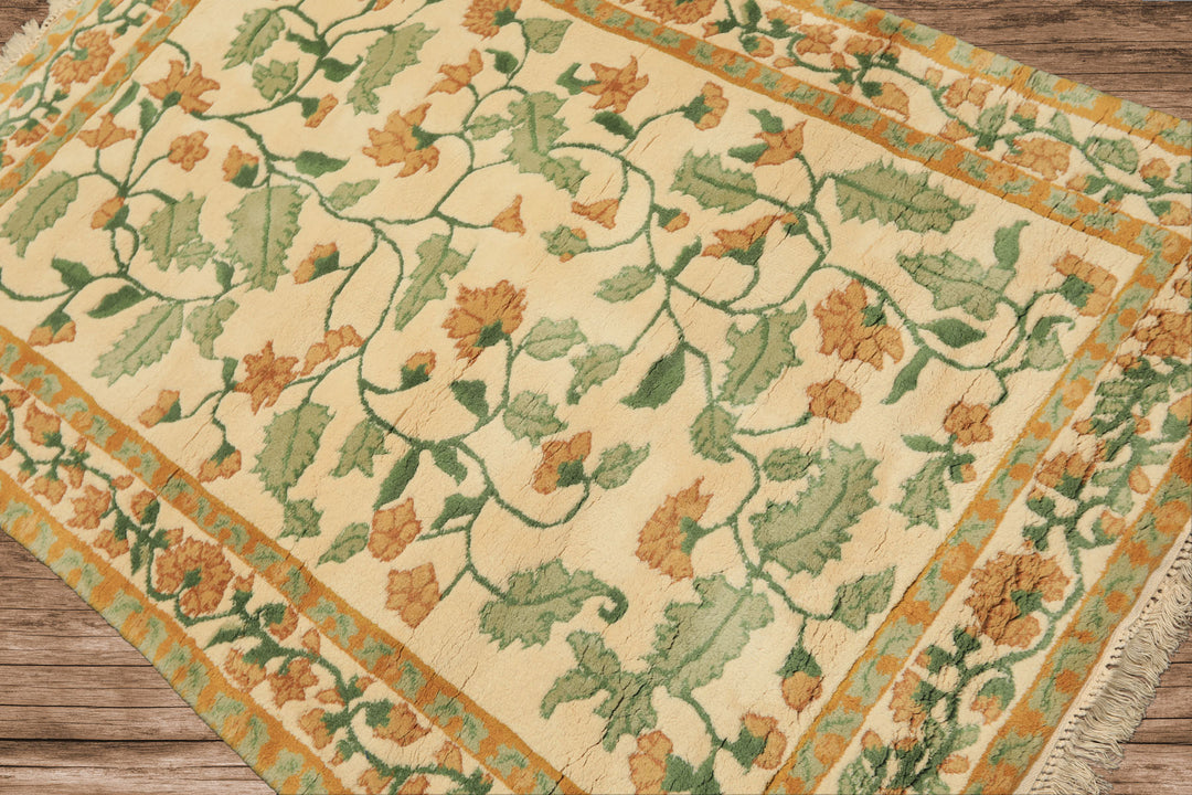 4x6 Ivory, Gold, Green Color Hand Knotted French Aubusson savonnerie Wool Traditional Oriental Rug