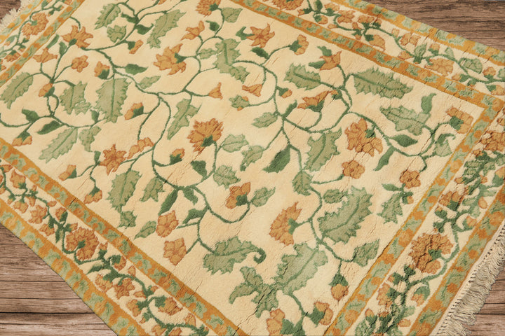 4x6 Ivory, Gold, Green Color Hand Knotted French Aubusson savonnerie Wool Traditional Oriental Rug