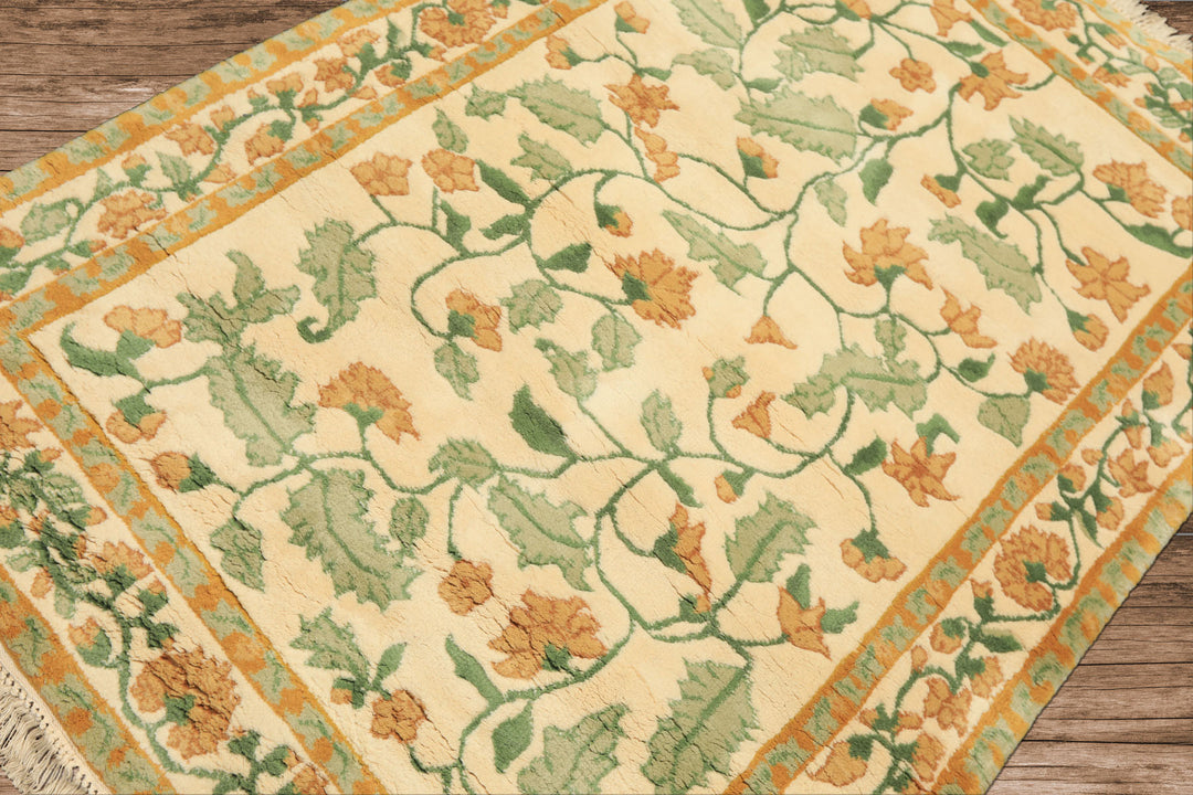 4x6 Ivory, Gold, Green Color Hand Knotted French Aubusson savonnerie Wool Traditional Oriental Rug