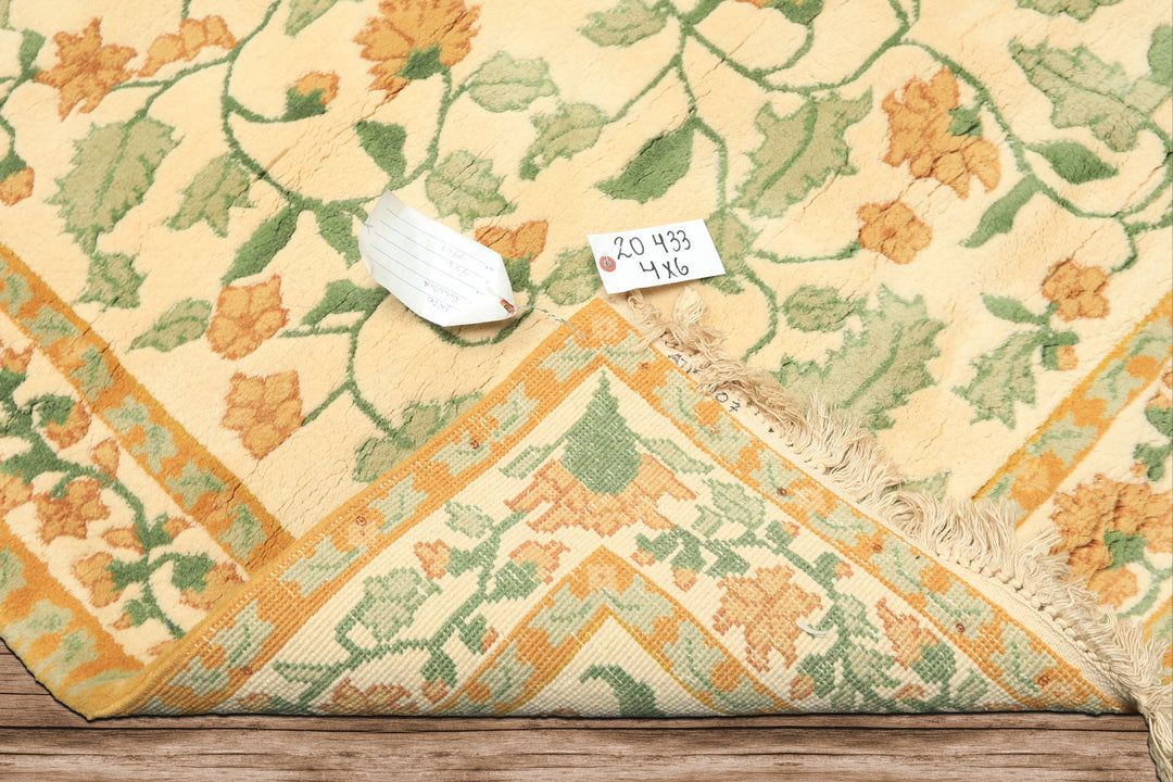 4x6 Ivory, Gold, Green Color Hand Knotted French Aubusson savonnerie Wool Traditional Oriental Rug