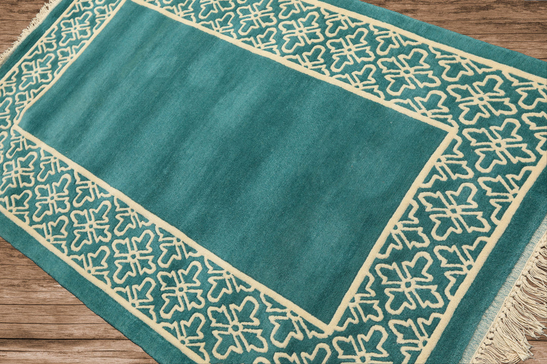 4x6 Turquoise, Ivory, Color Hand Knotted Indo Tibetan Wool Transitional Oriental Rug