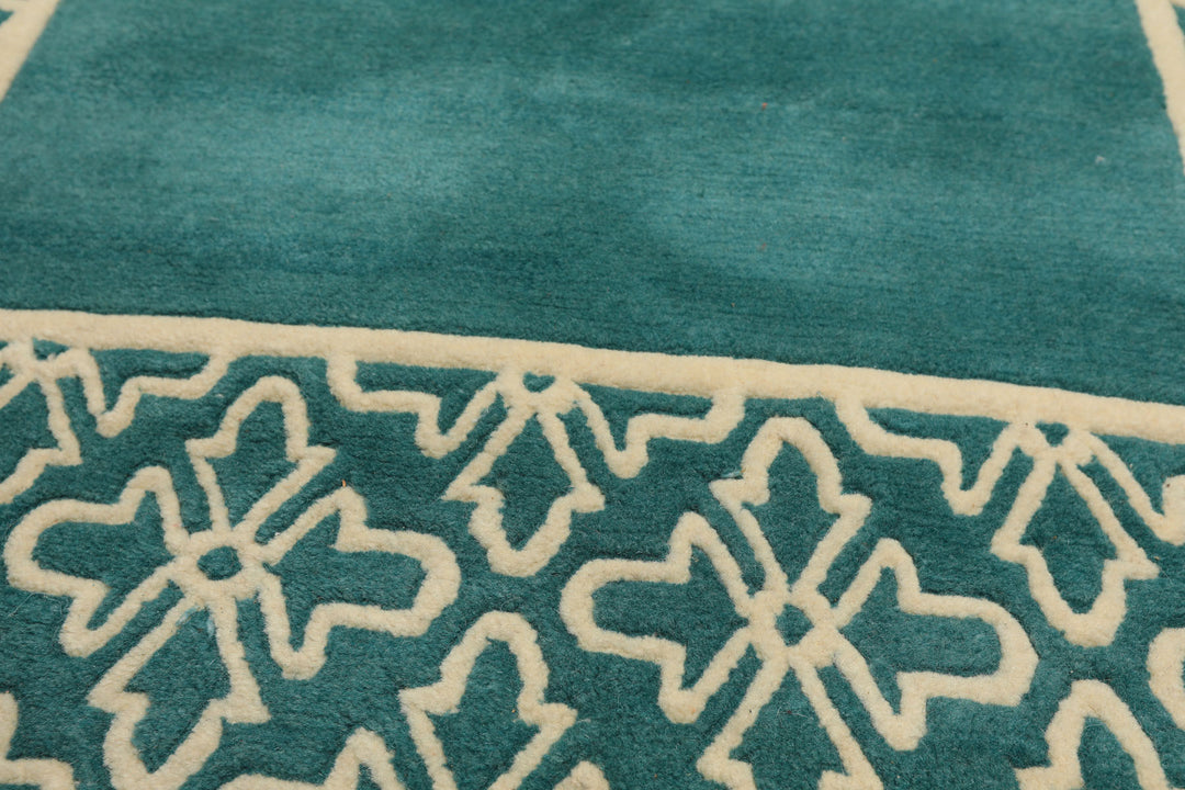 4x6 Turquoise, Ivory, Color Hand Knotted Indo Tibetan Wool Transitional Oriental Rug
