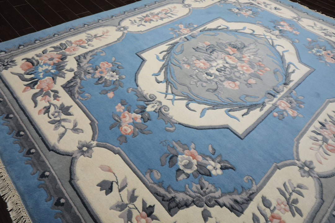 9x12 Blue, ivory, Gray Color Hand Knotted French Aubusson Savonnerie New Zealand Wool Traditional Oriental Rug